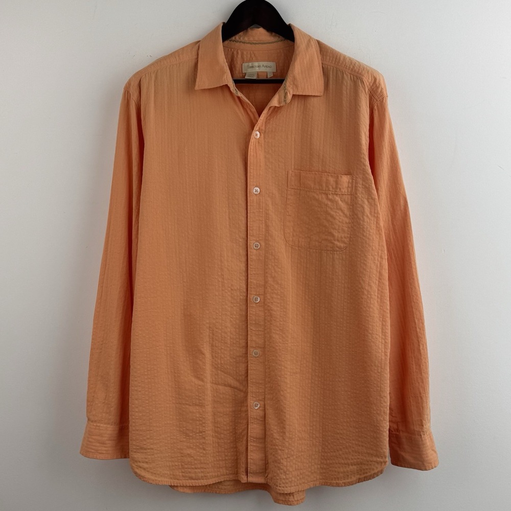 The Territory Ahead Button Up Shirt Mens L Orange Seersucker Casual Long Sleeve
